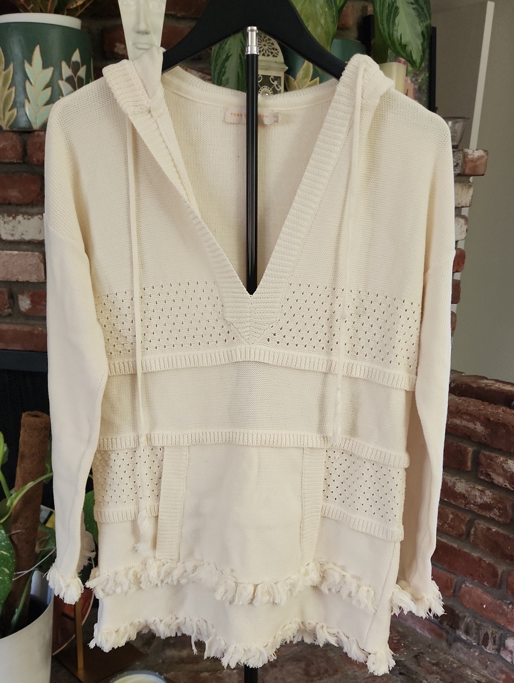 Tory Burch Ivory Hooded V Neck Sweater Open Knit Fringe Hem Boho